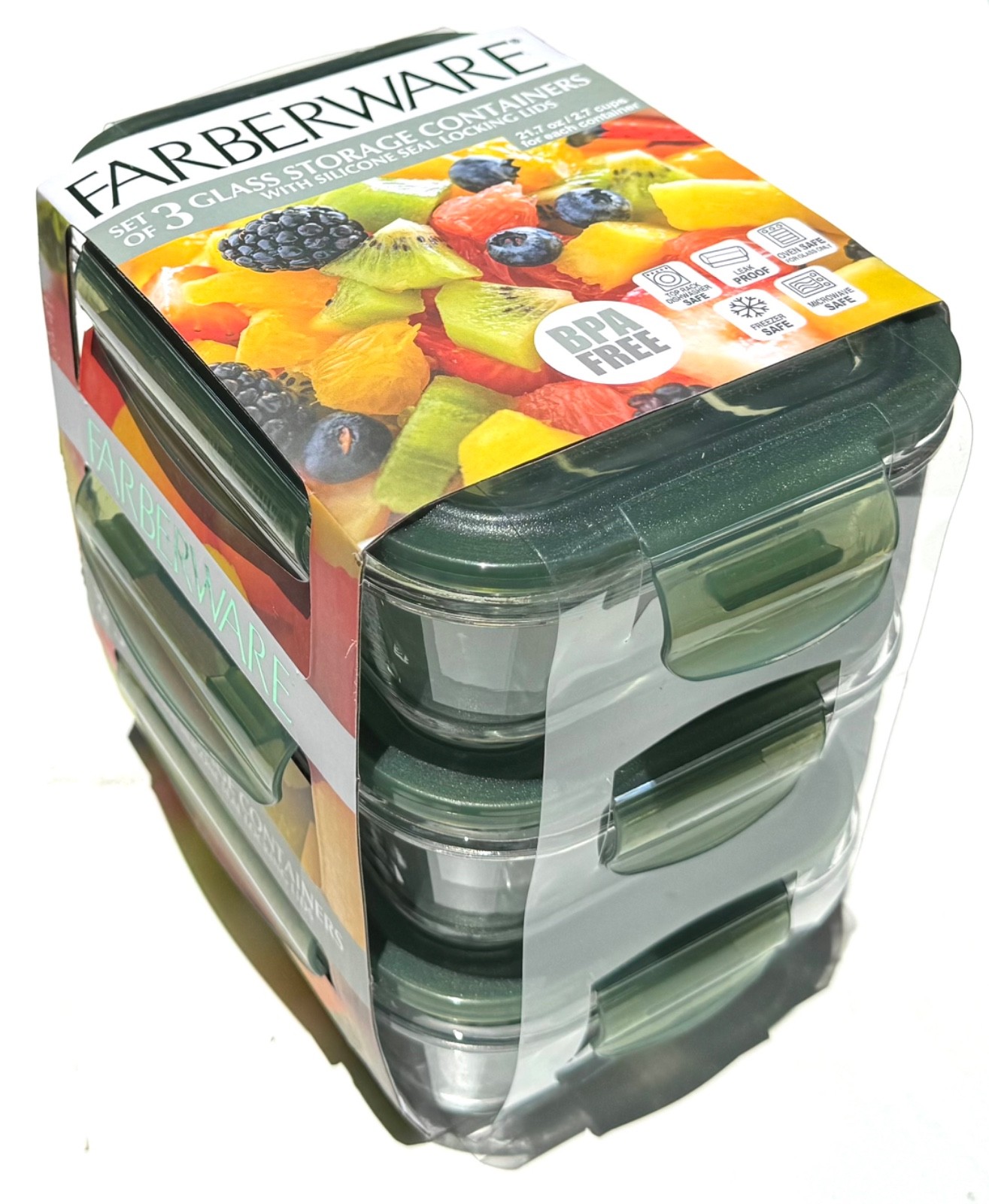 Farberware 21.7 oz Glass Storage Container Bowls W/ Locking Lock Lids Set of 3