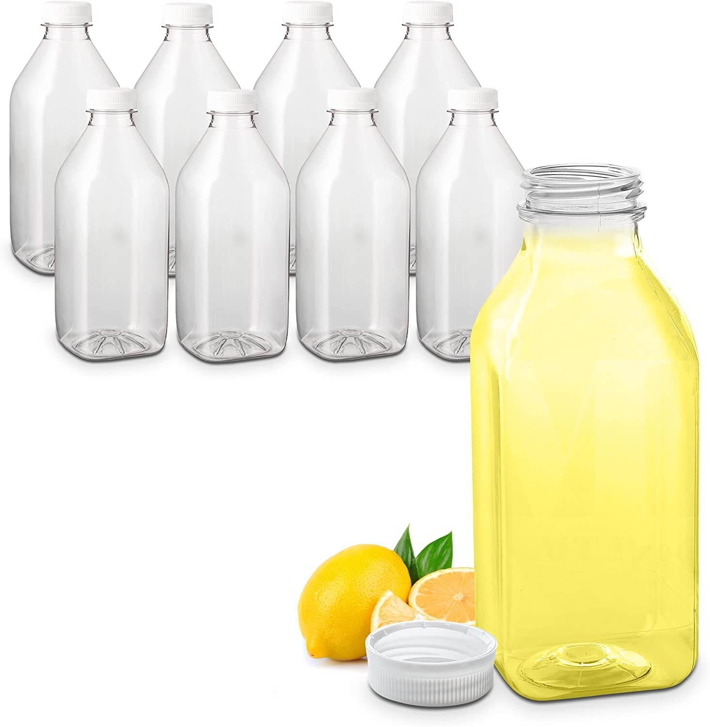 MT Products 32 oz. Clear Plastic Juice Bottle with Caps – Pack of 96