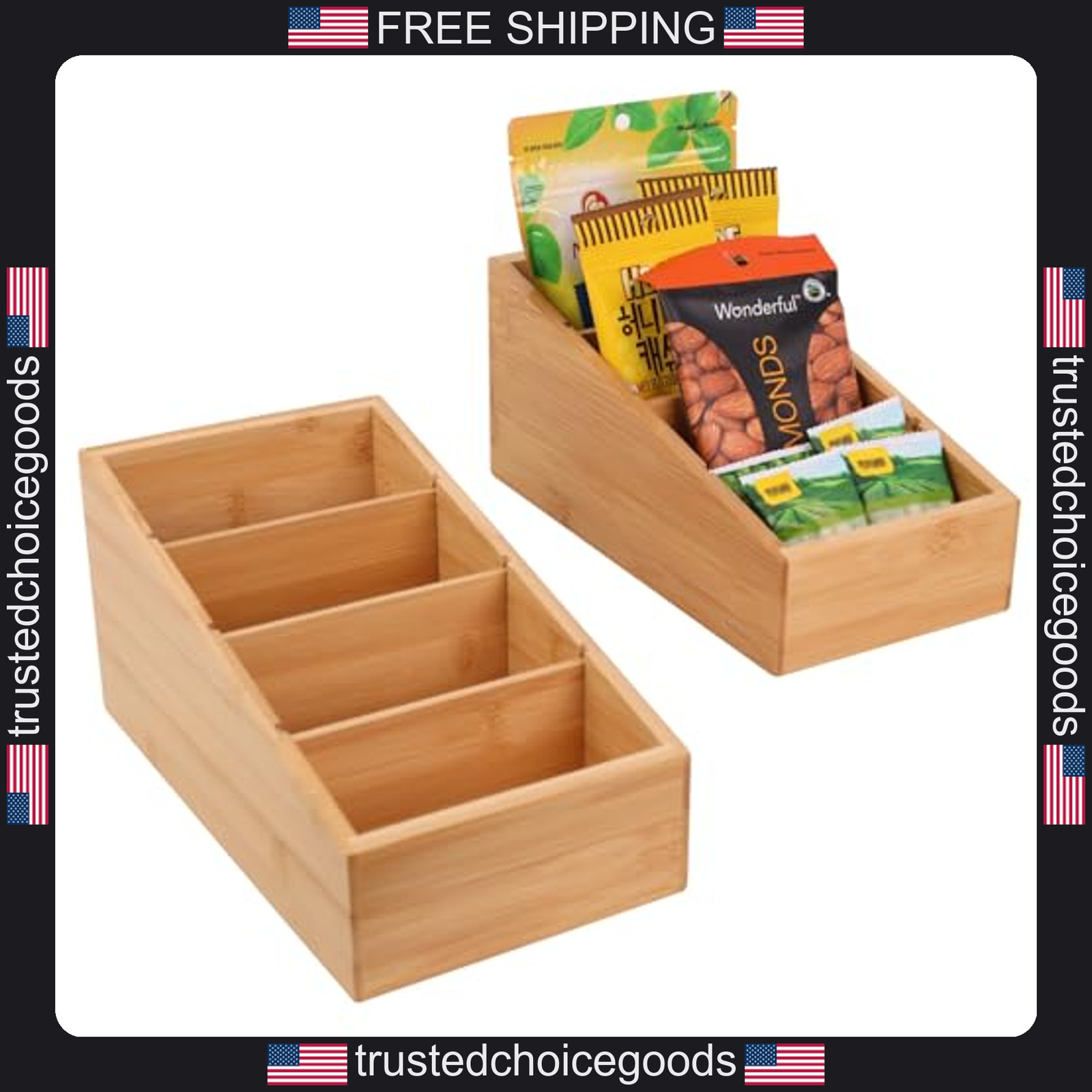 Set of 2 Bamboo Pantry Organizers with Removable Dividers for Kitchen Storage