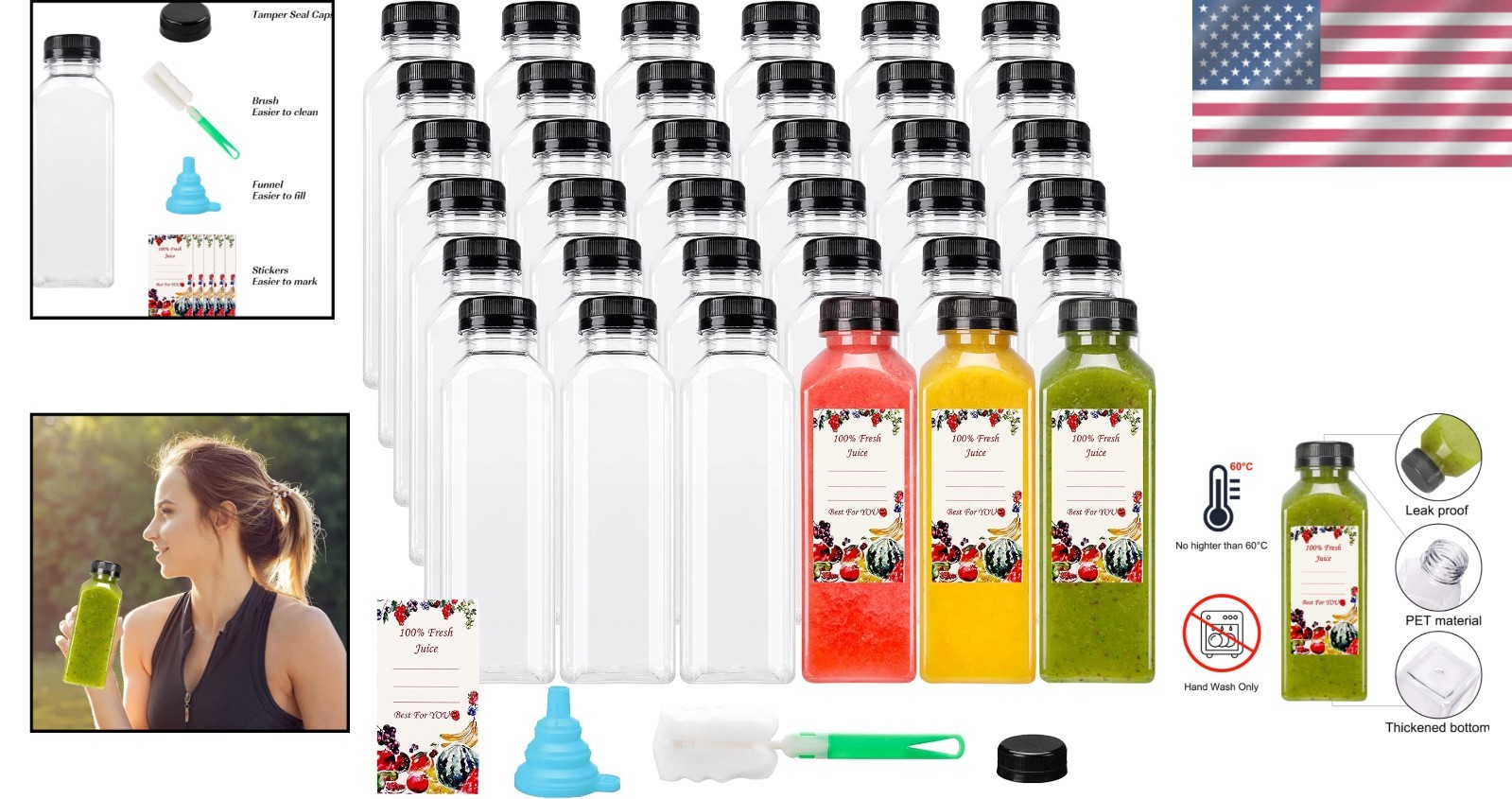 Leak Proof Plastic Juice Bottles, 36 Count