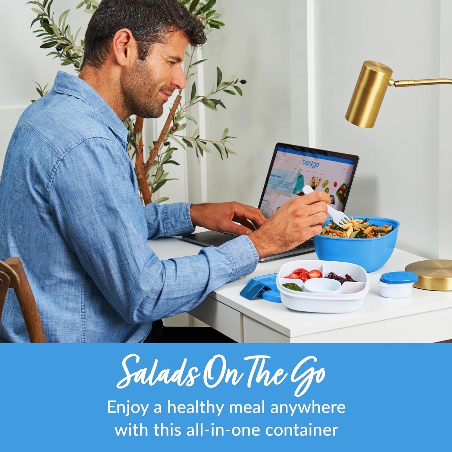 Adult Blue Salad Container with 4-Compartment Tray and Accessories