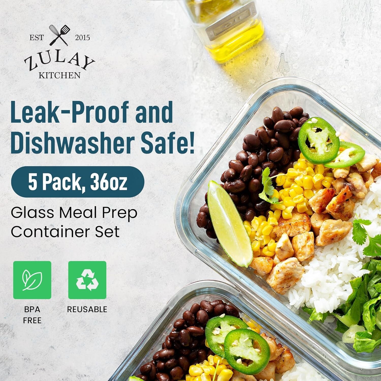 Versatile Gray Glass Meal Prep Containers – 5 Pack, Dishwasher Safe & BPA Free