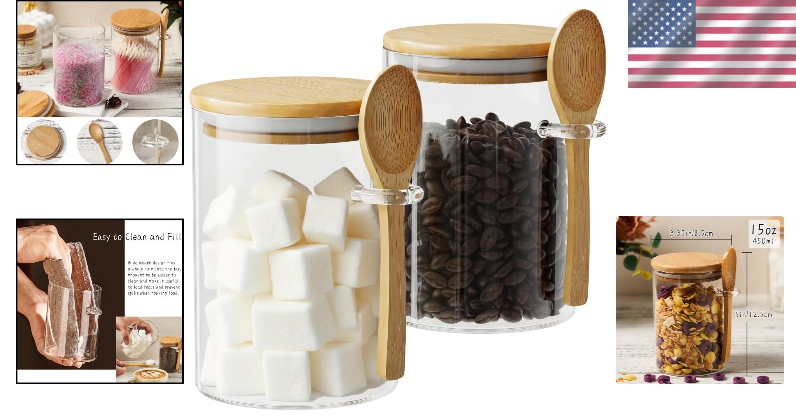 Elegant 15oz Glass Sugar Jar with Bamboo Lid & Spoon – Airtight Kitchen Canister