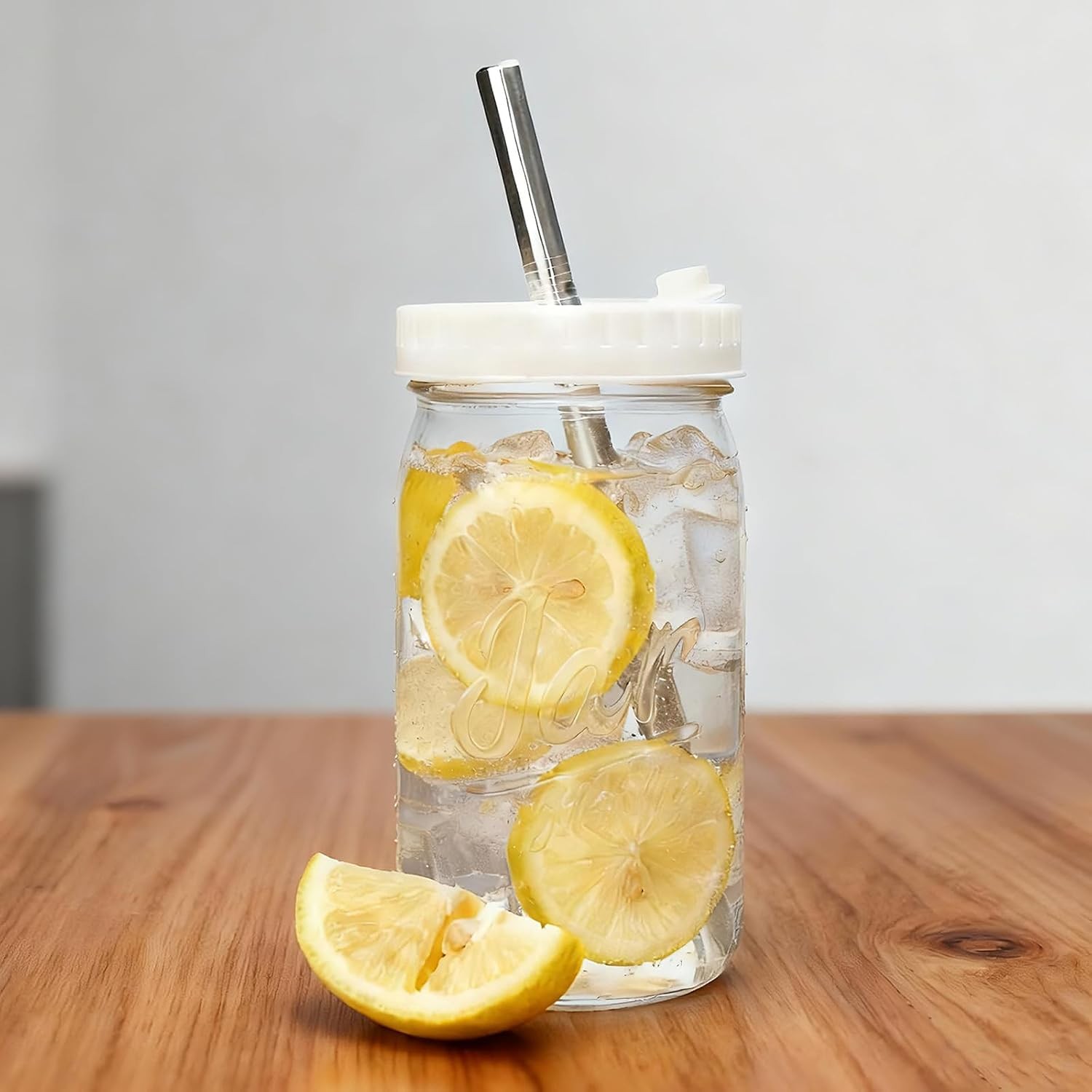 6-Pack Mason Jars Cups W/ Plastic Lids & Straws 32oz Wide Mouth Glass Cups