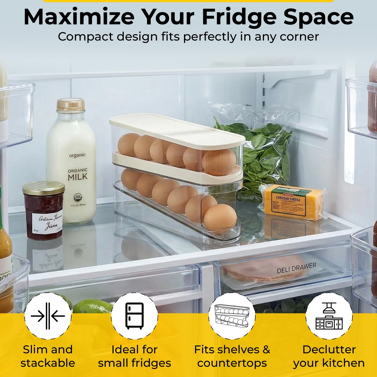 Automatic Rolling Fridge Egg Container 12 Eggs, 2-Tier Egg Holder for Refrige…