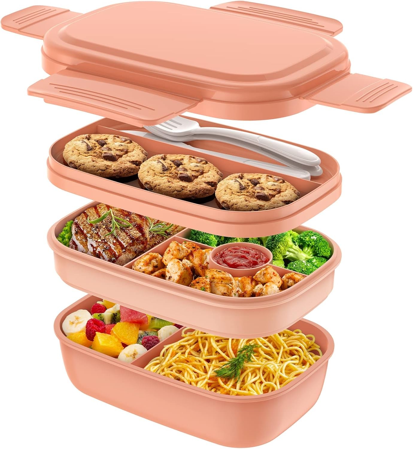 Bento Box Adult Lunch Box,3 Stackable Containers 1900 ml, Pink