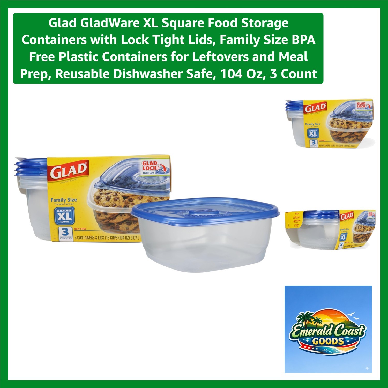 Ware XL Square Food Storage Containers – 3 Pack, 104 Oz – BPA Free & Reusable
