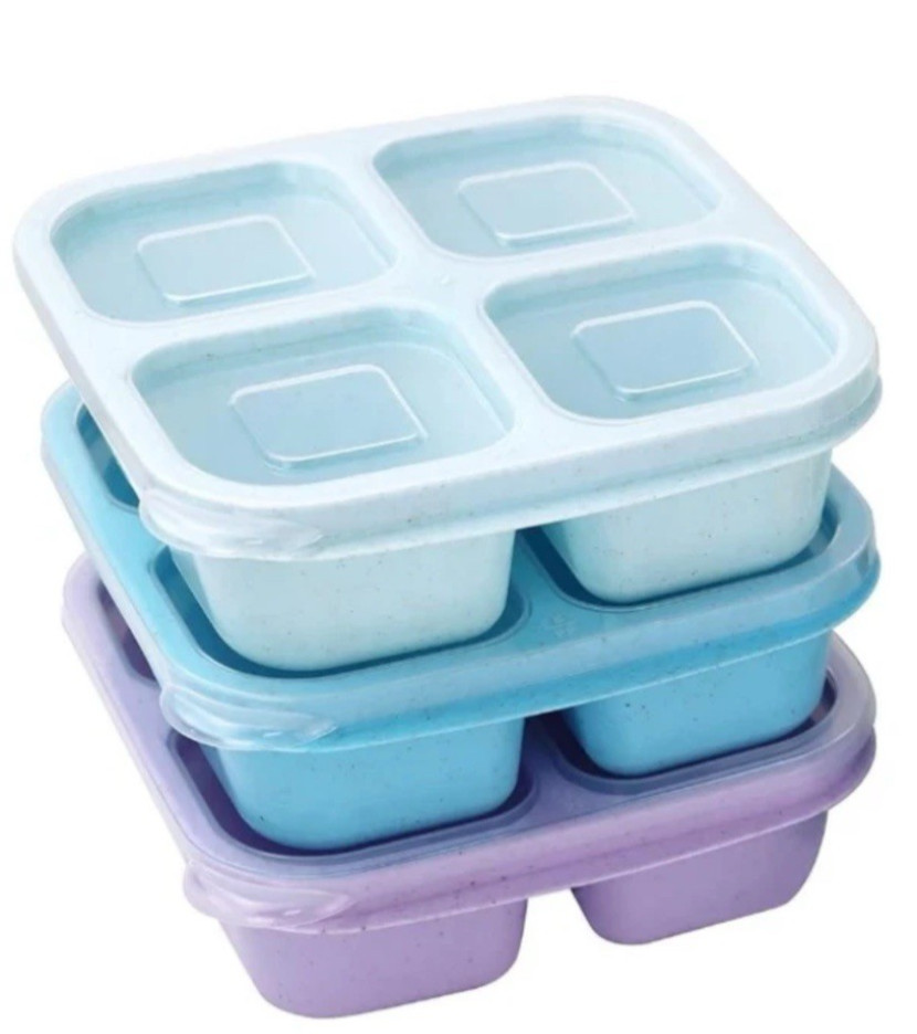 3 Pack Wheat Straw Container 4 Compartments Reusable Snack Bento Box