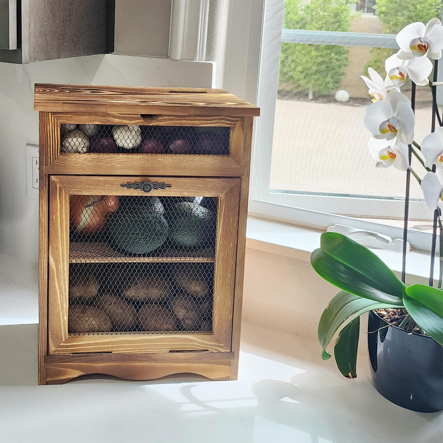Design Free Assemble Wooden Countertop Potato and Onion Storage Bin Box,Counter