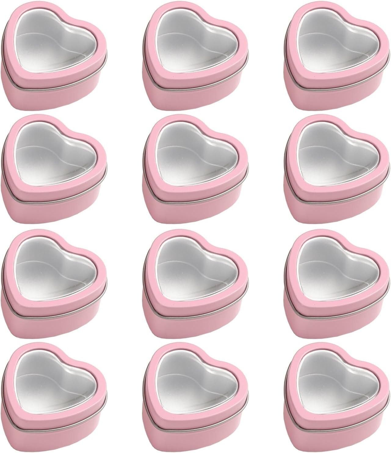 12 Pack 2 Ounce Metal Tins Can Heart Shaped Empty Containers Clear lid Valentine