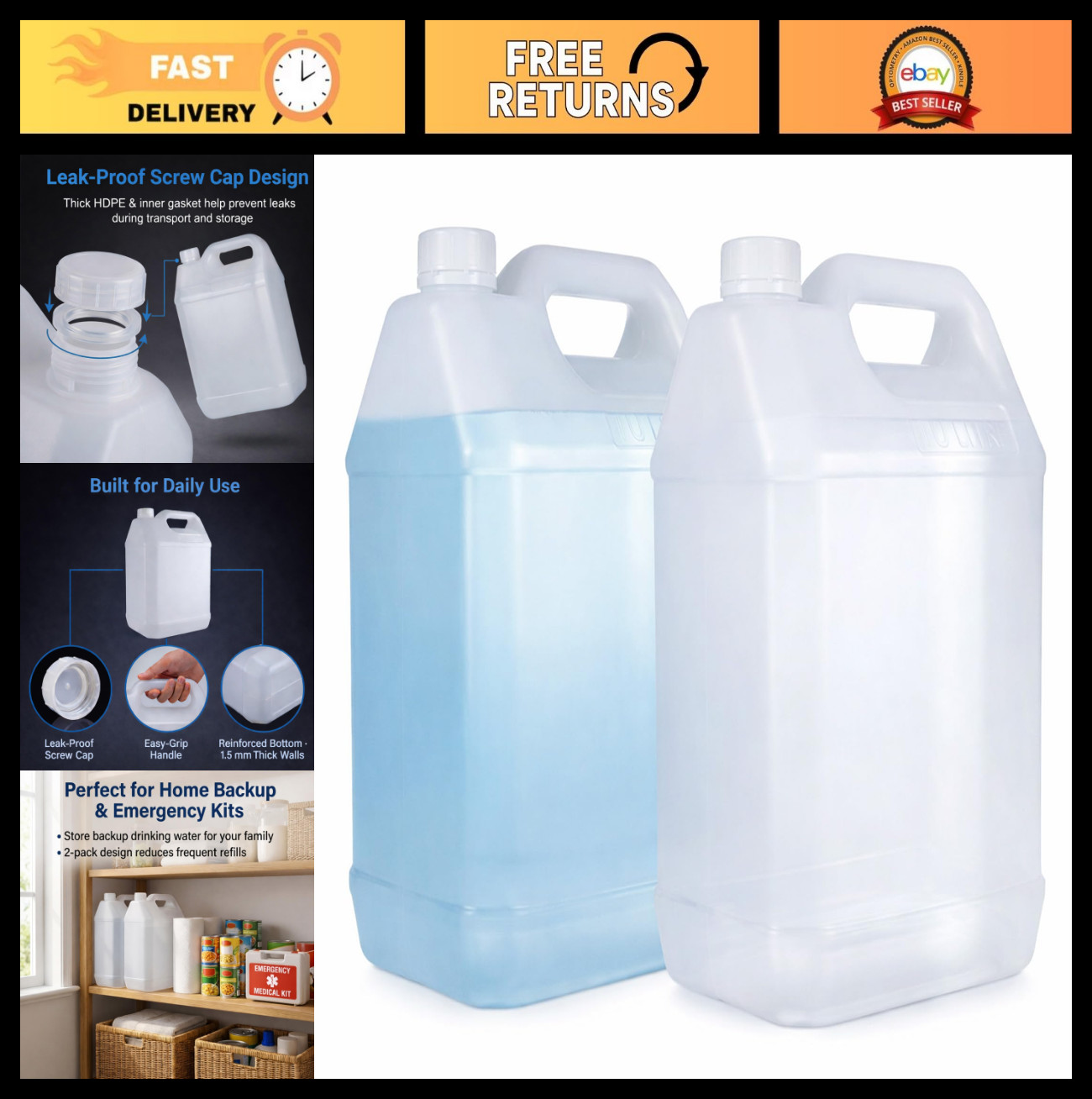 2.5 Gallon Water Jug Set (2 Pack) – Heavy Duty Leak-Proof Storage Container, BPA