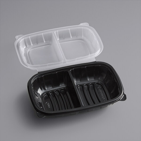 9″ x 6″ x 3″ Microwaveable 2-Compartment Black / Clear Plastic Hinged Container