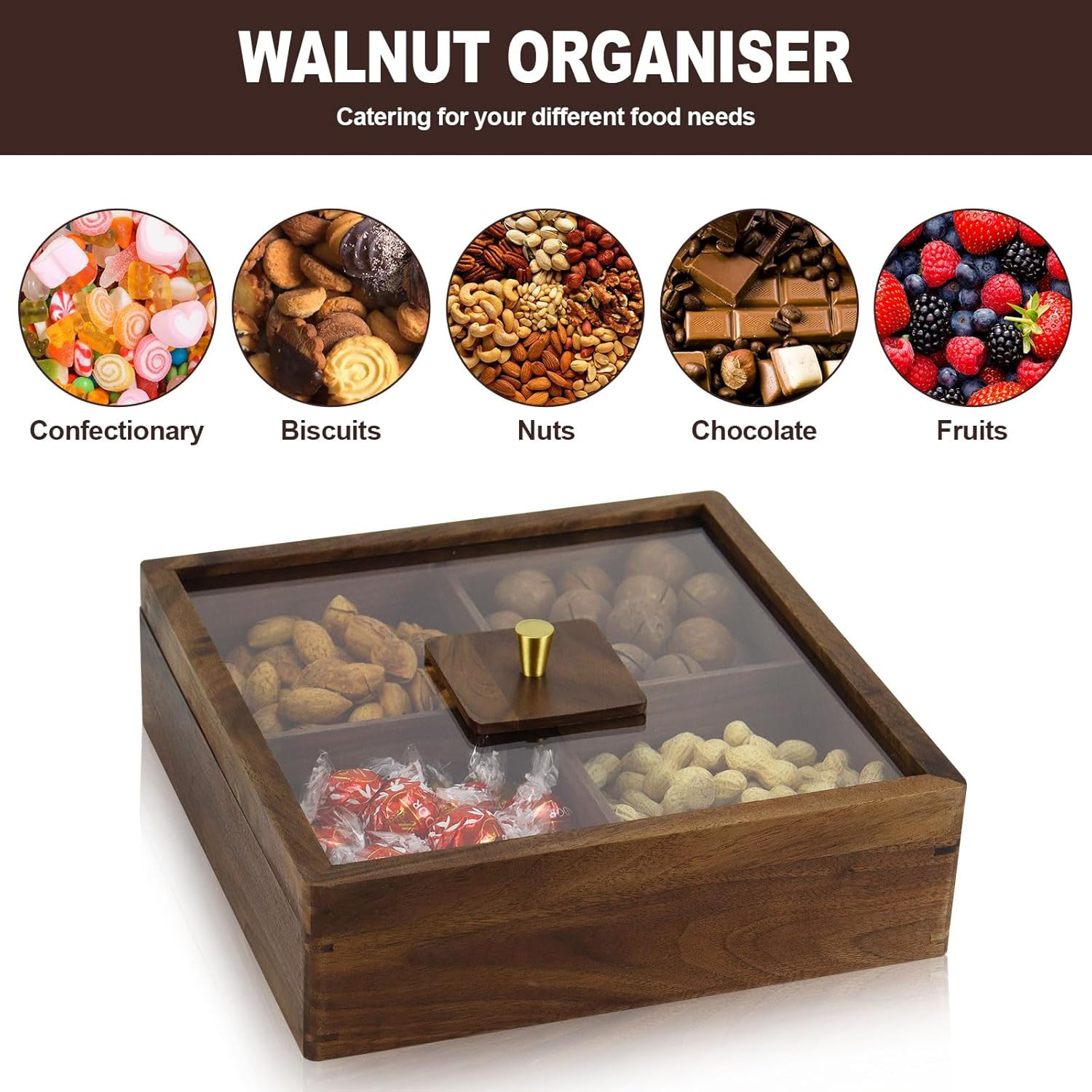 Elegant 4-Compartment Walnut Serving Tray with Lid for Snacks & Parties