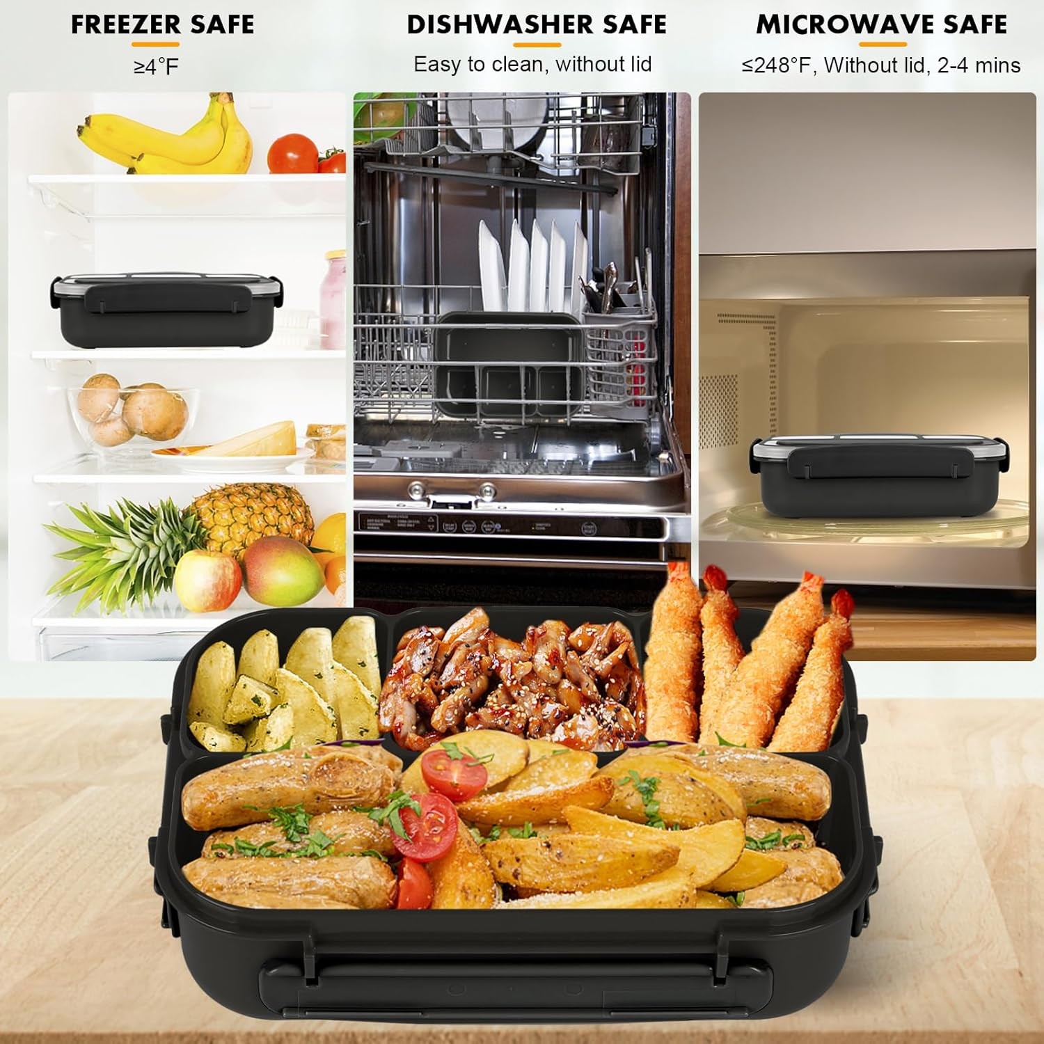 Bento Box Adult Lunch Containers, 5 Cup with 4 Compartments &Spork Black
