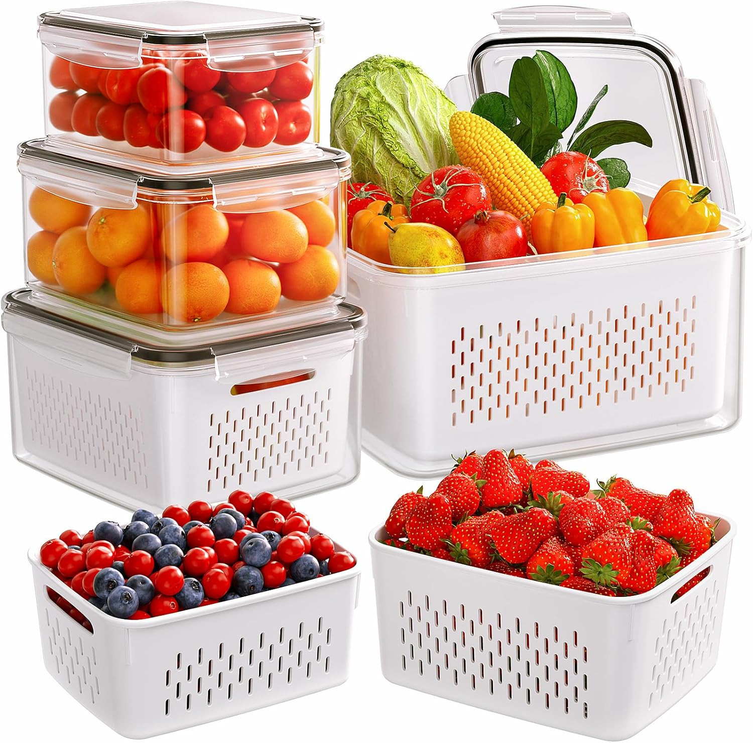 5-Pack Fruit Storage Containers for Fridge with Removable Colanders, 4 in 1 Prod