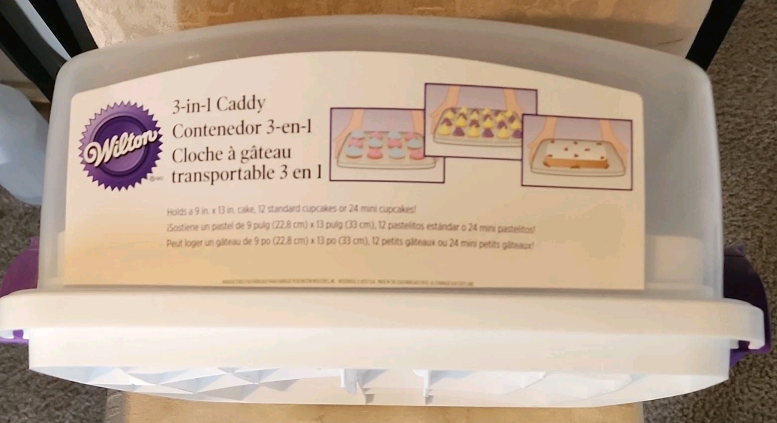 Wilton 3-in-1 Caddy Cake & Cupcake Container Snap Lid White Purple Tray