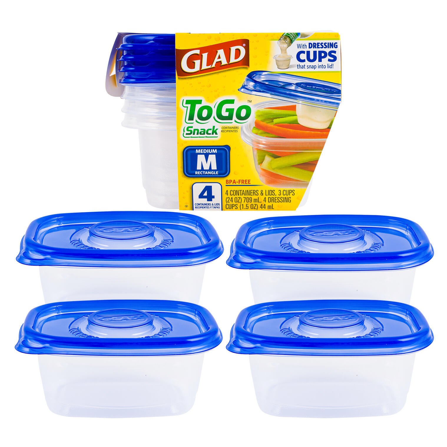 Glad to Go Snack Salad Dressing Food Storage Containers 3 Cups Rectangle 4 Ct