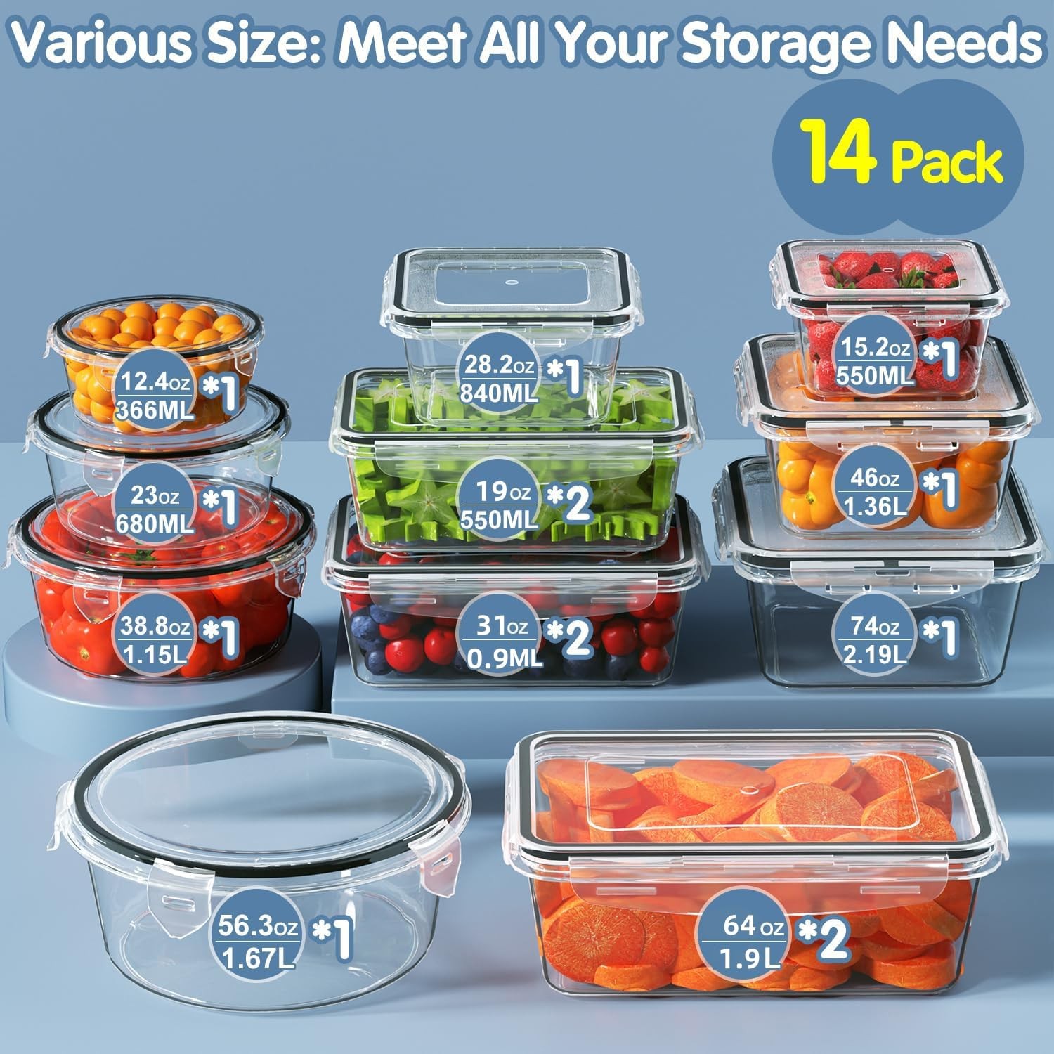 28 Pieces Food Storage Containers with Lids EXTRA LARGE Extra large, 14 pack