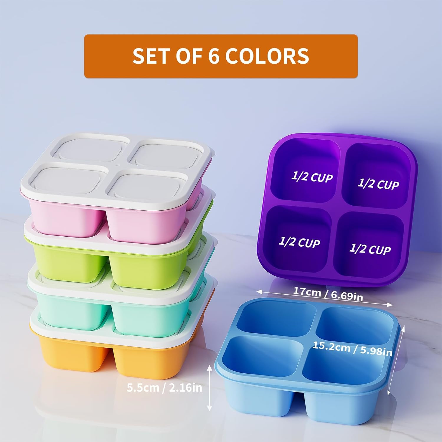 6 Pcs Bento Snack Containers, Reusable 4 Compartment Food Storage Container with