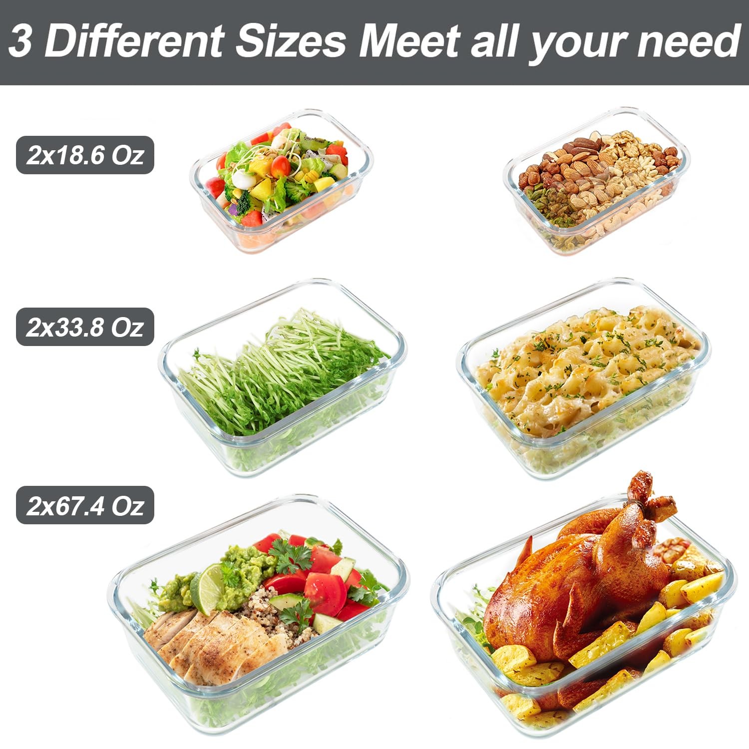 67.4oz(8.3 cup), 33.8oz(4.2 cup)& 18.6oz(2.1 cup) Extra Large Glass Food Stor…