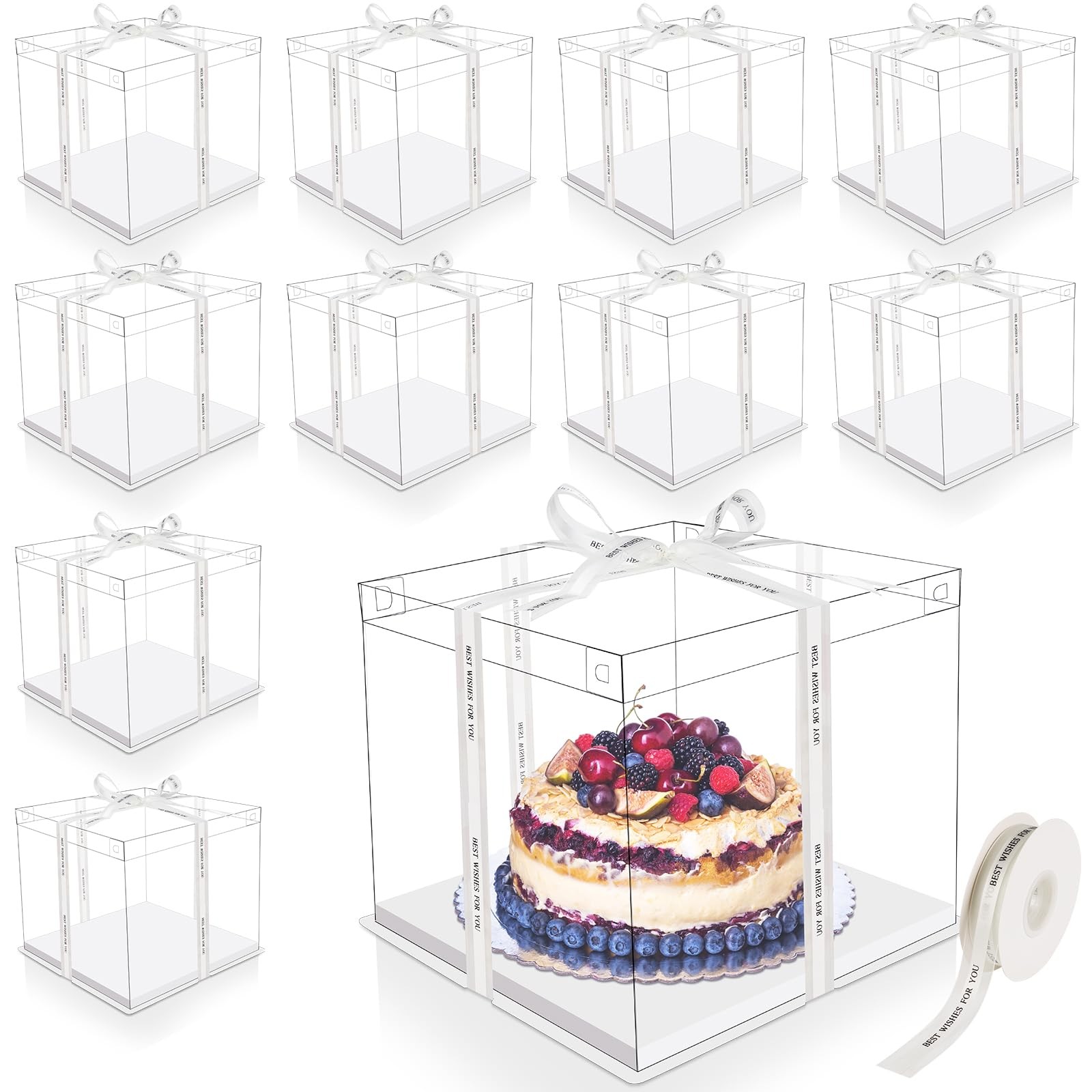 Maxdot 10 Pcs Transparent Tall Cake Boxes 12″ x x 10″ Large Clear Beige