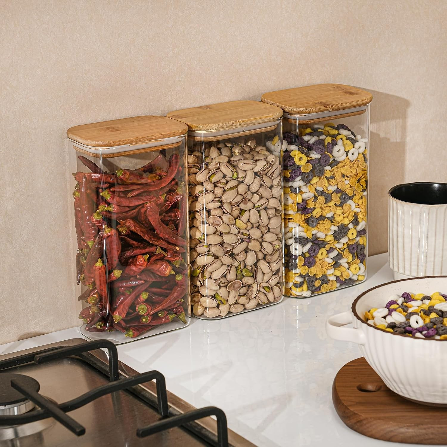 56oz Rectangle Airtight Glass Storage Containers W/ Bamboo Lids Set of 3 Square