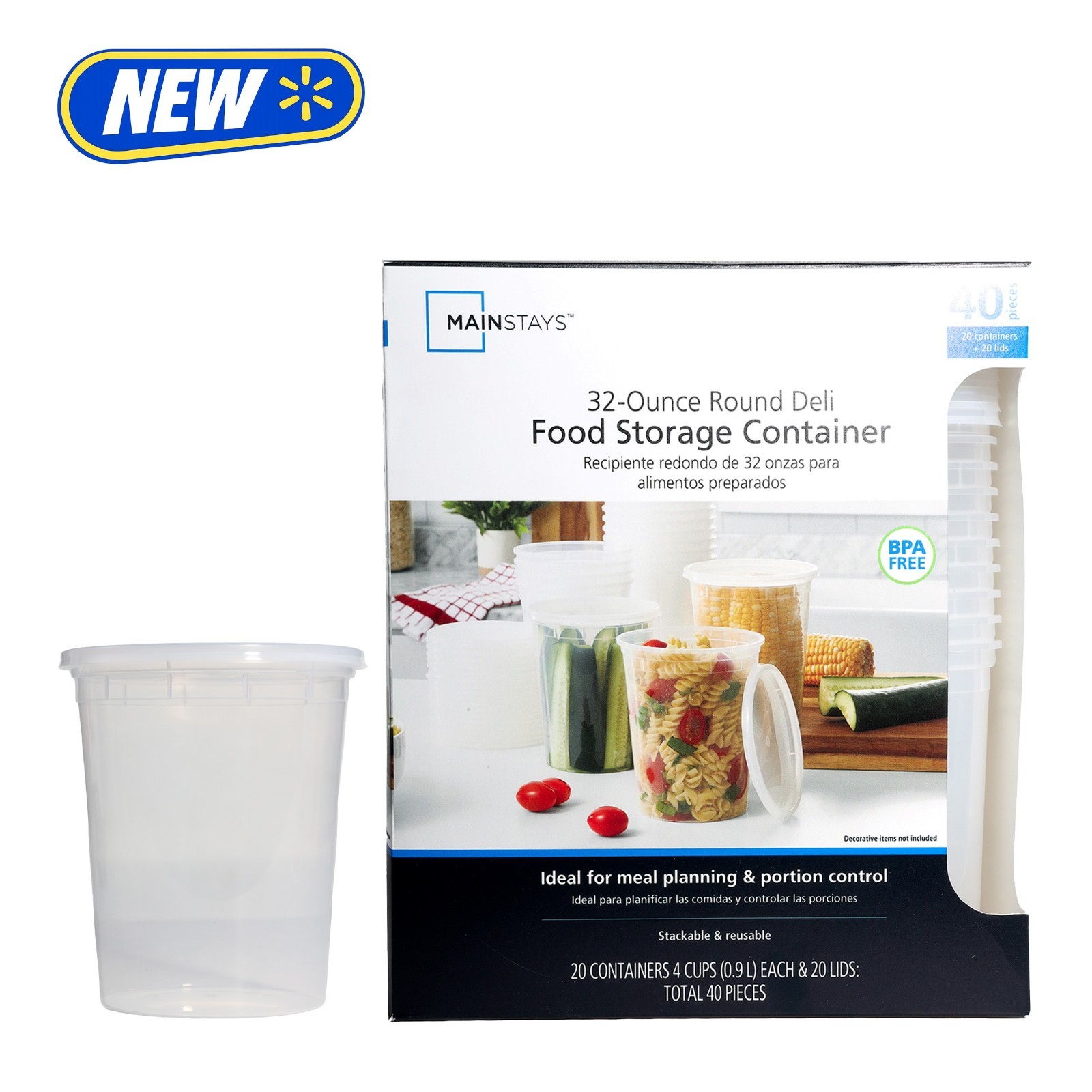 (4 pack) Mainstays 40 Piece 32oz Plastic Deli Container, Ideal Use for Meal Pre