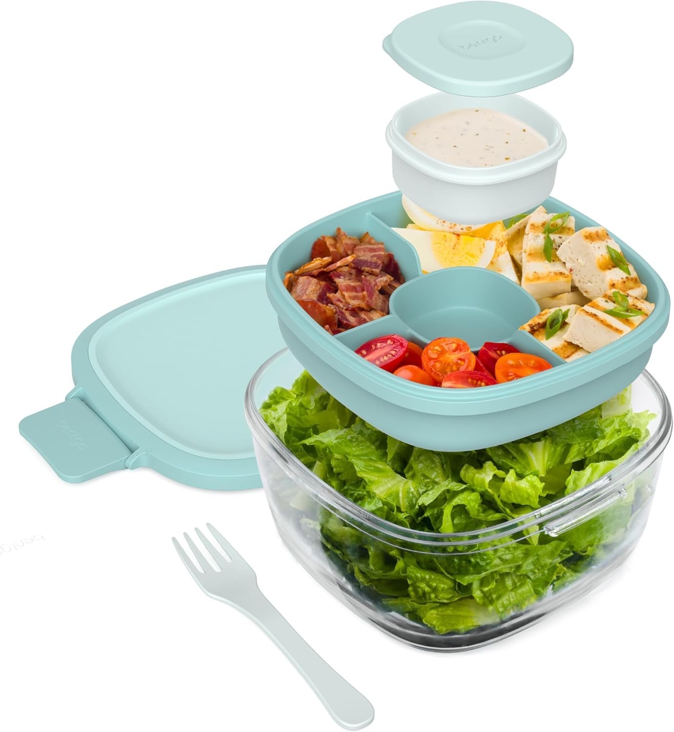 7.6 Cup Glass Salad Container Bento Box Airtight Lid Coastal Seaglass