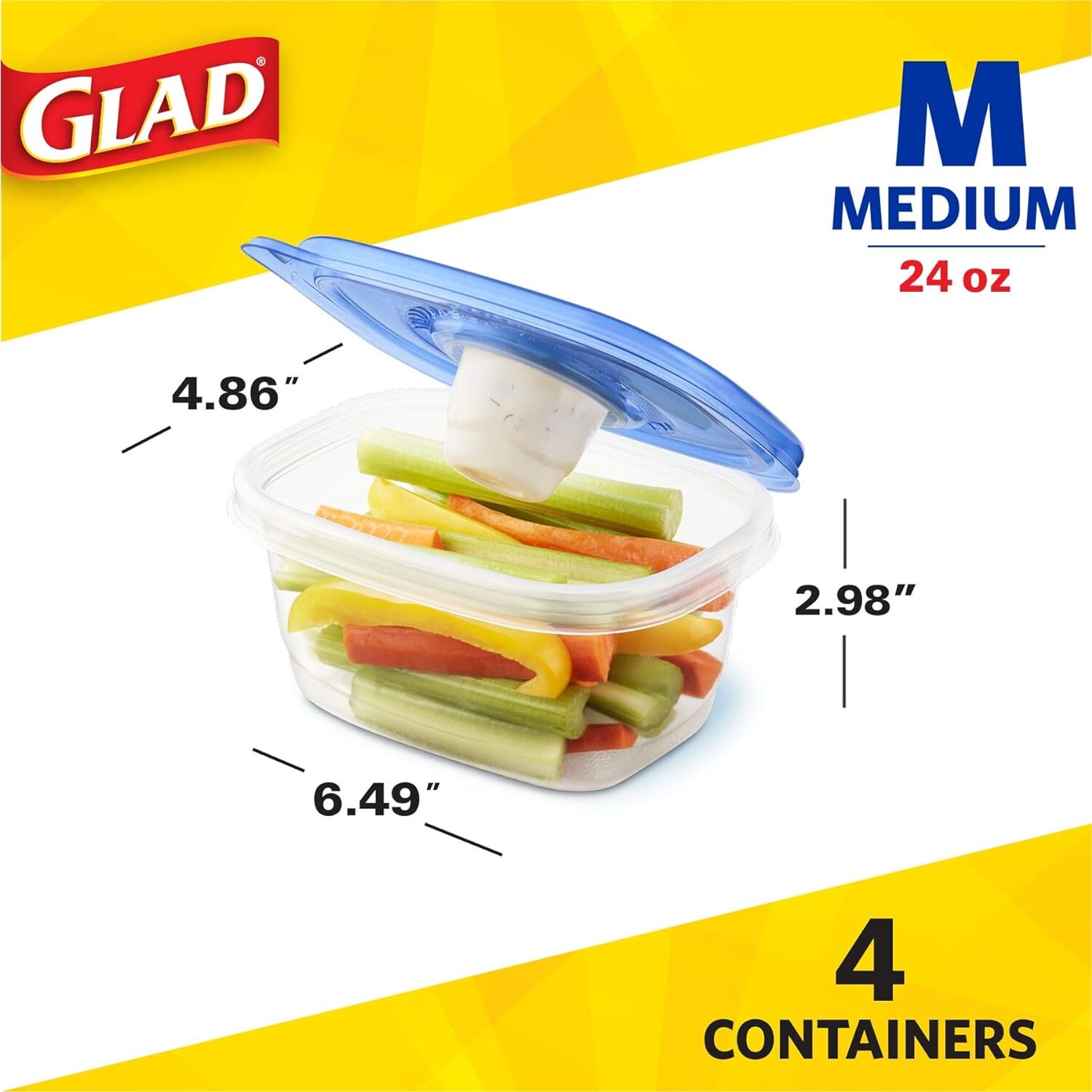 Glad to Go Snack Salad Dressing Food Storage Containers 3 Cups Rectangle 4 Ct