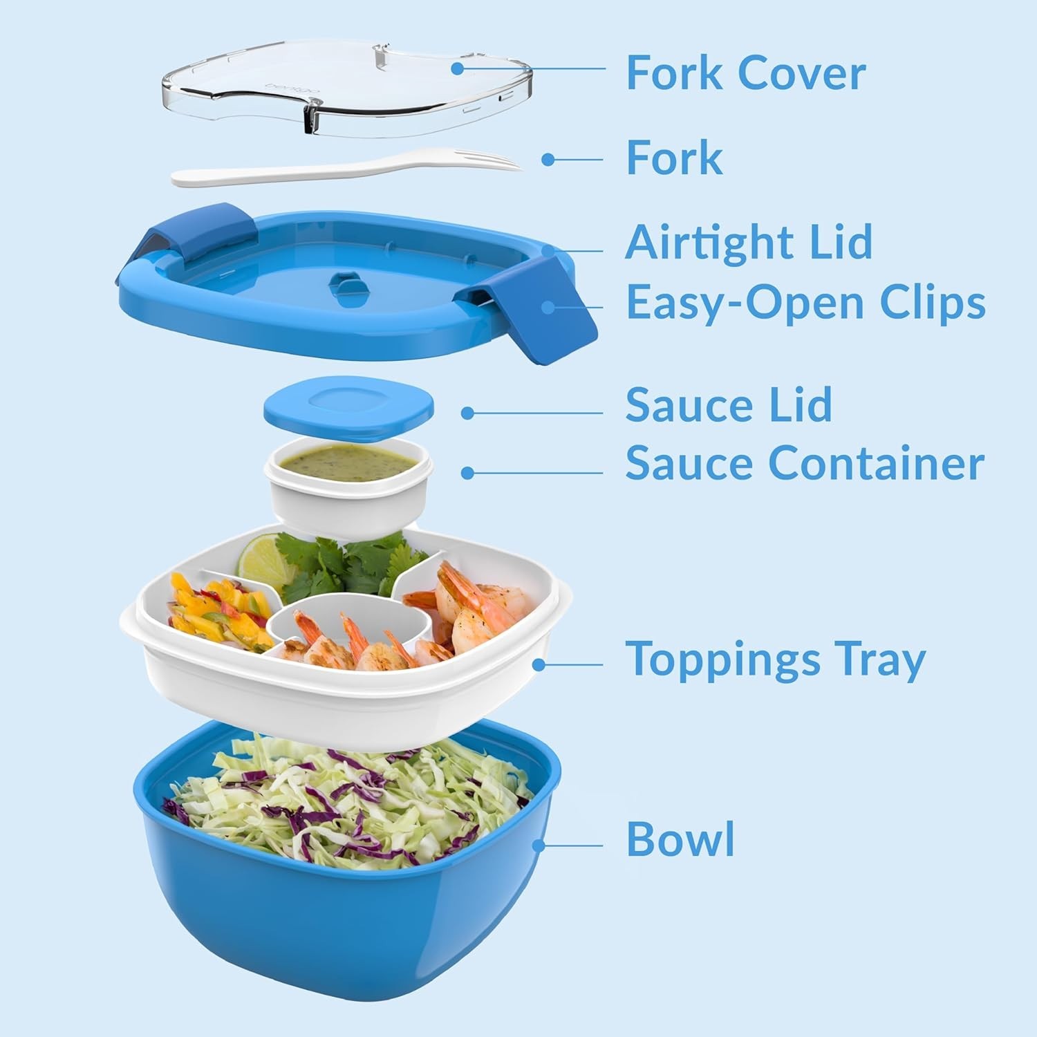 Adult Blue Salad Container with 4-Compartment Tray and Accessories