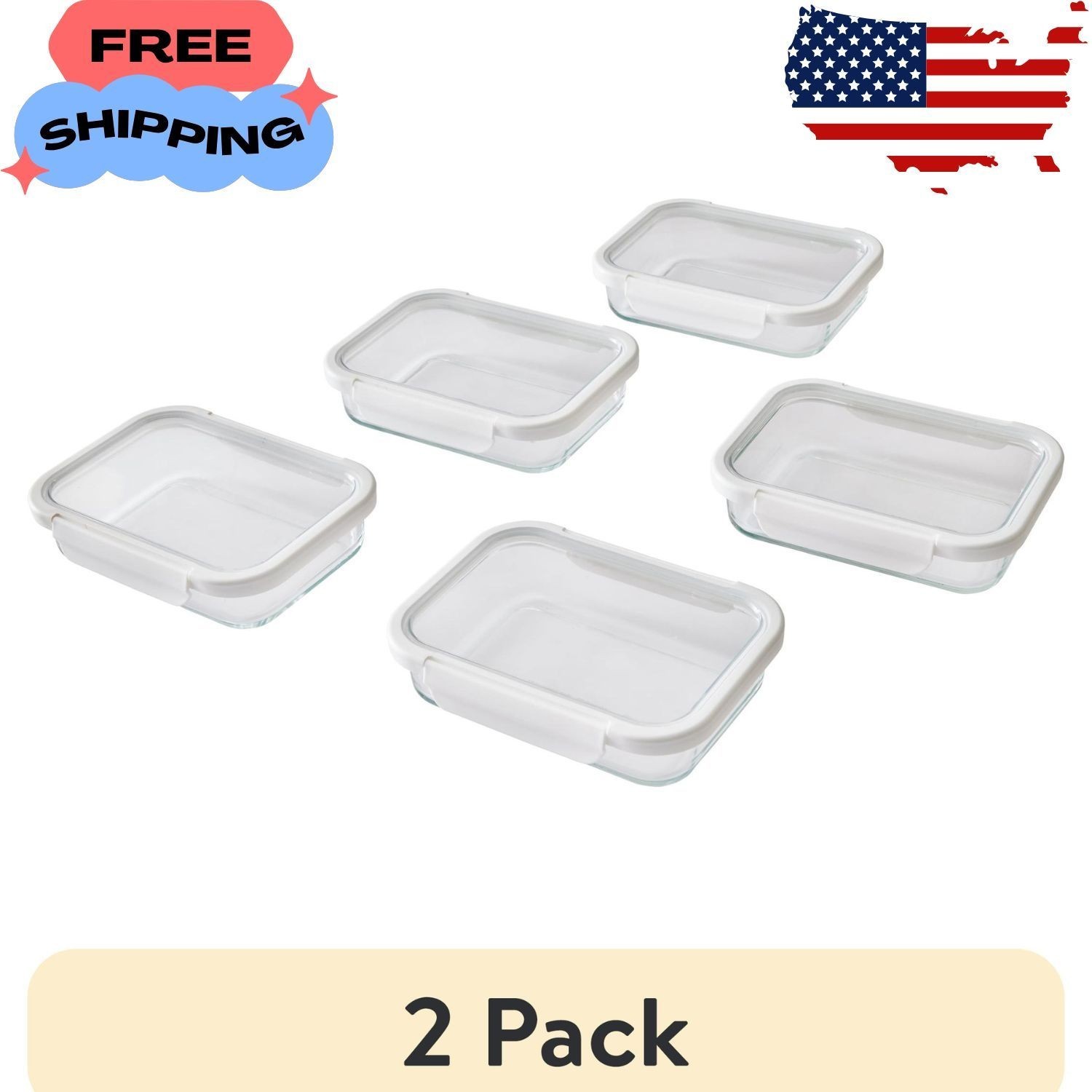 (2 pack) 2.3Cup Rectangle Glass Food Storage Container, Set of 5, 10 Pieces