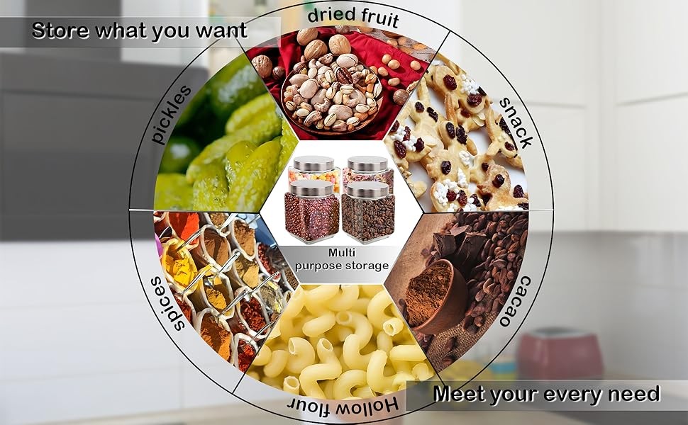 37 oz Square Glass Jars with Lids, 4 Pack Glass Canisters with Metal Lids, Clear