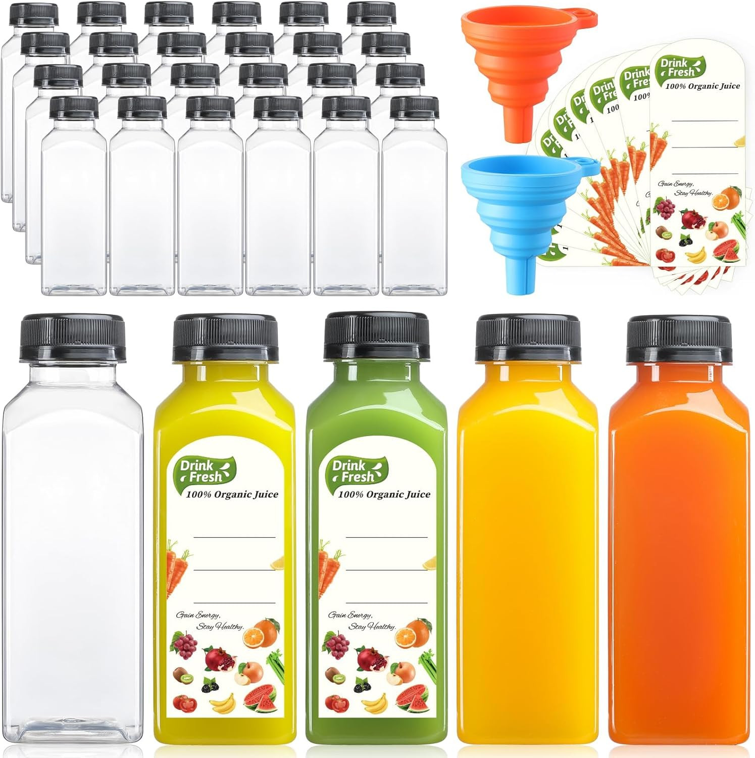 24 PACK, 12 OZ Reusable Thicker Plastic Juice Bottles with Caps, plus 24 Labels