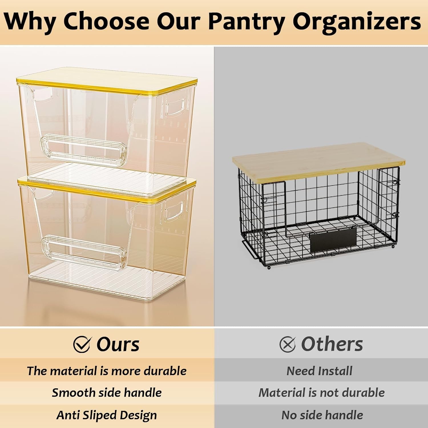 2 Set Pantry Organizer Trash Bag Dispenser Bamboo Top Potato Onion Storage Amber