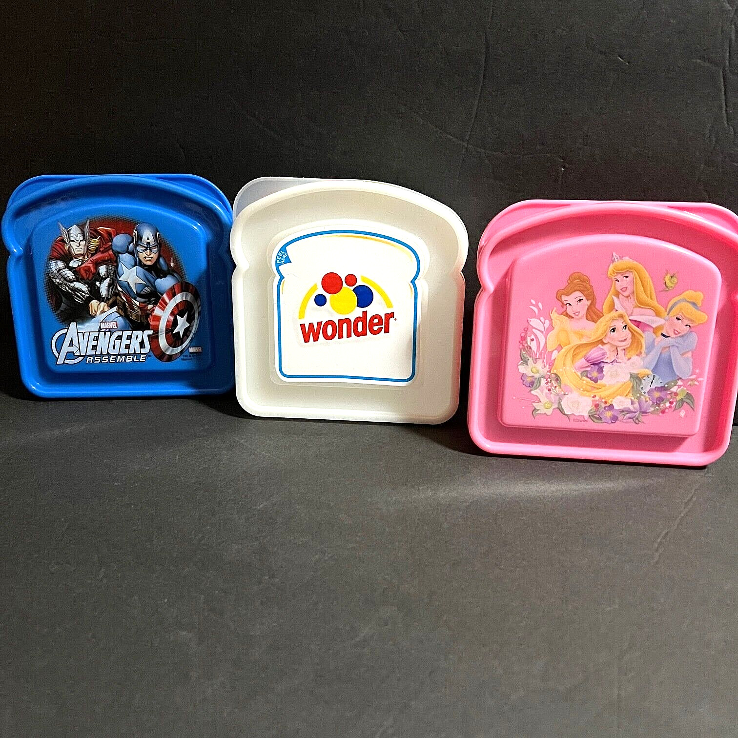 Lot of 3 Plastic Sandwich Keepers Disney Princesses, Avengers, Wonderbread Lids