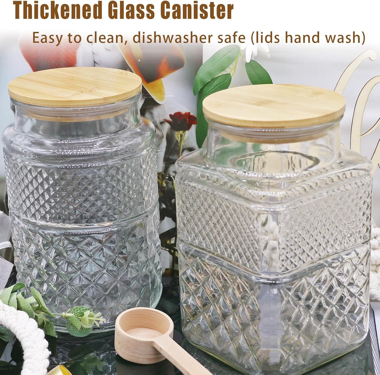 60 OZ Vintage Glass Jar with Lid Wood Spoon Set of 2 Decorative Glass Storage