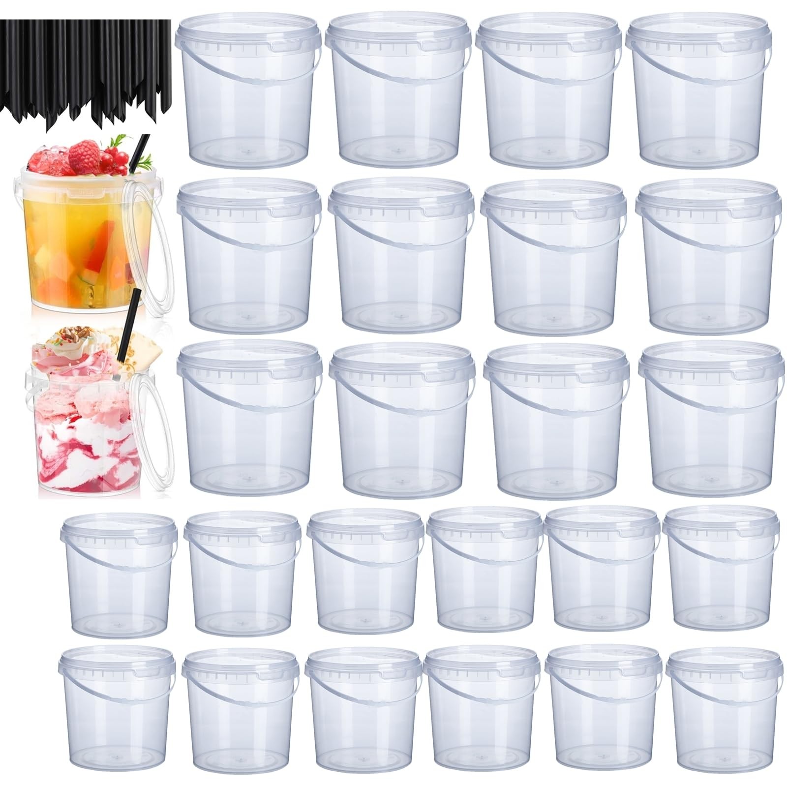 24 Pack Ice Cream Bucket with Lids and Handles, 25OZ/ 33OZ Clear Plastic Rum …