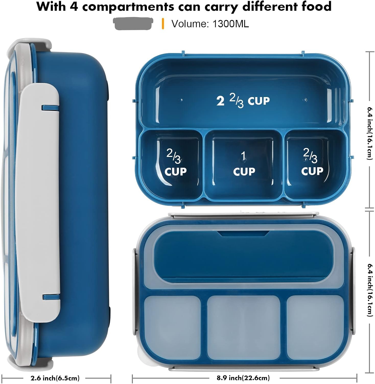 Bento Box, Lunch Box Kids, 1300ML Adult with 4 Blue