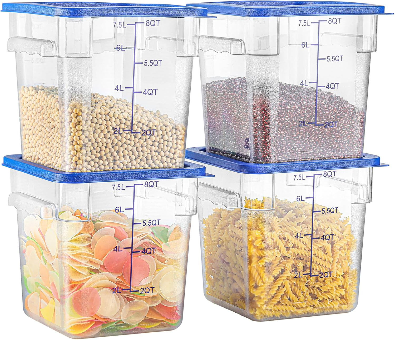 8 QT Set of 4 Food Storage Containers with Blue Lids Handle and Scarle Stackable