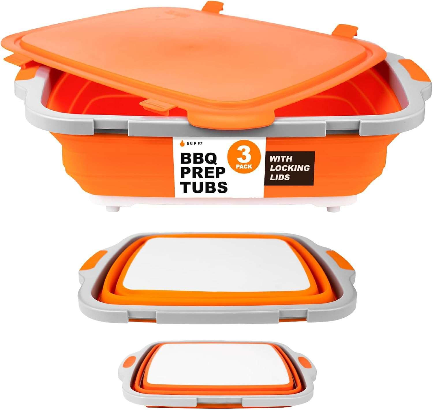 Drip EZ Collapsible BBQ Prep Tubs 3-Piece Set- for Meal Prep Marinating Food Sto
