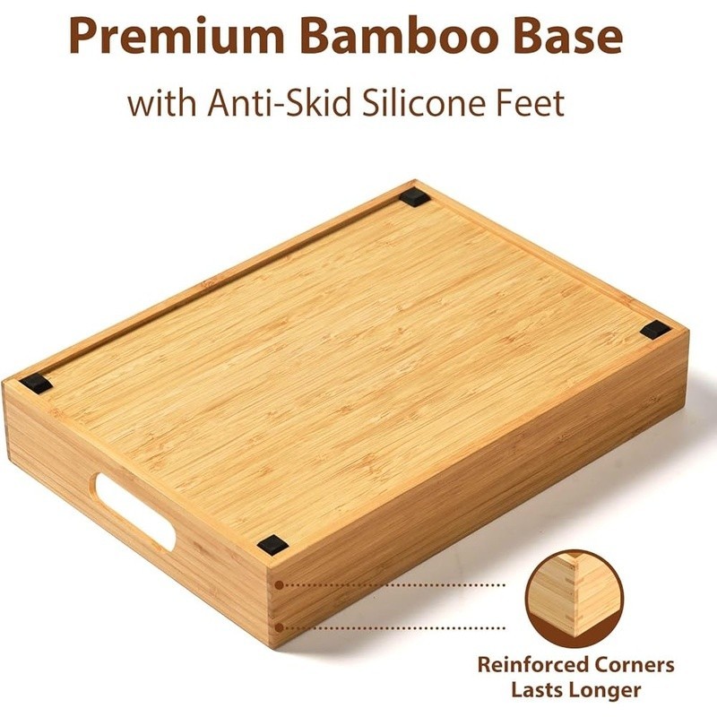 Bamboo Food Container Lid Organizer Adjustable Compartment Storage Tray W/ Grip