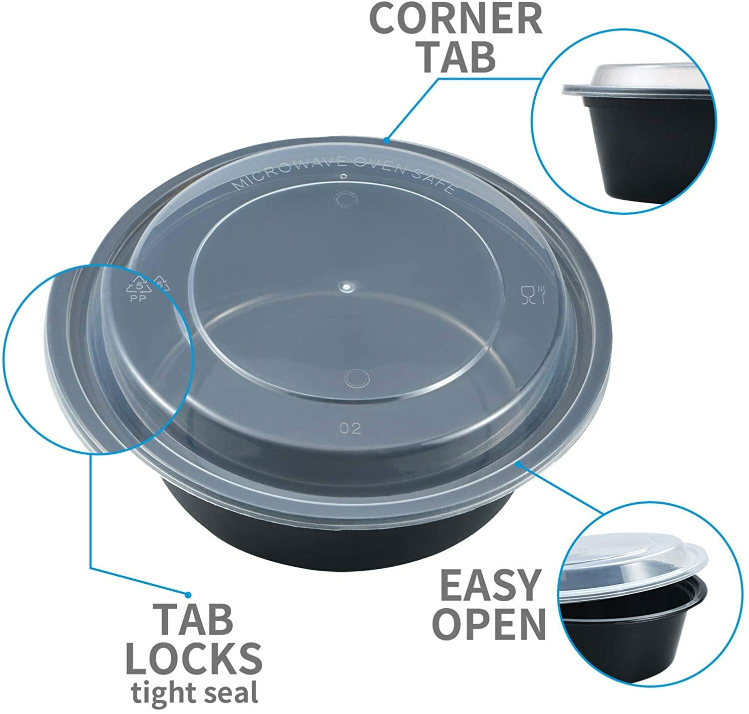10 Set-48oz Round Microwavable Plastic Meal Prep, Freezer Safe, Disposable Black