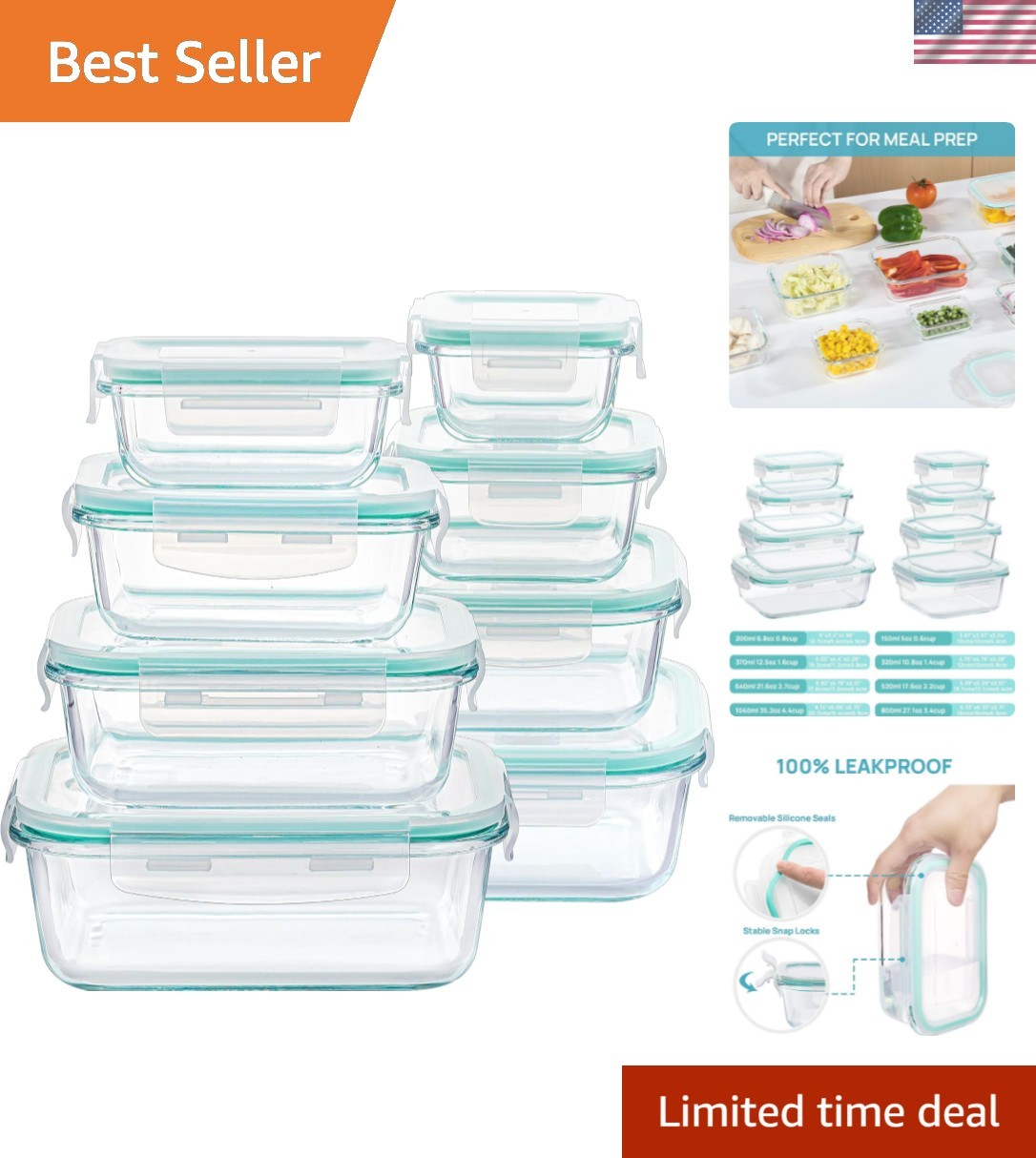 8 Pack Glass Food Storage Containers with Airtight Lids, Glass Meal Prep Cont…