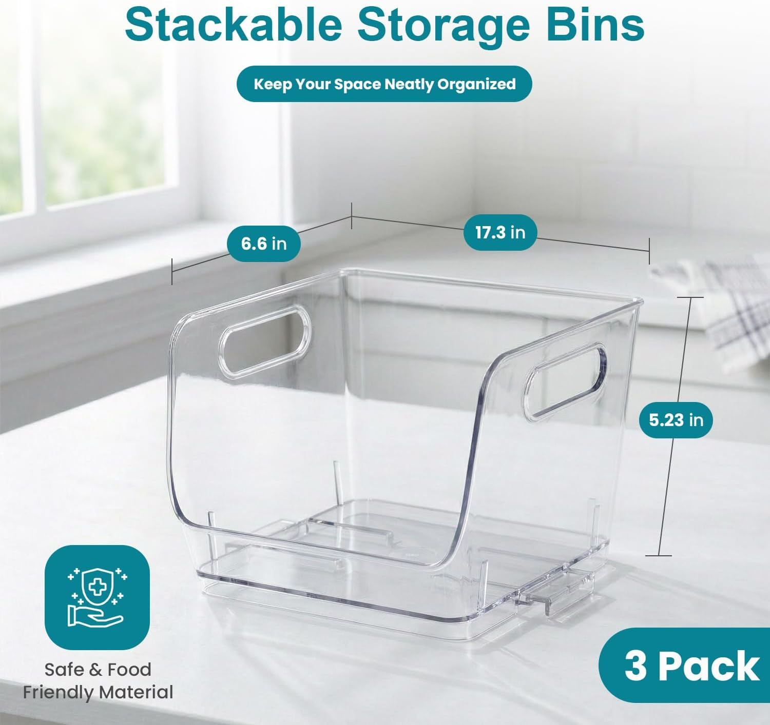 Set of 3 Open-Front 7-Inch Clear Storage Bins with Easy-Grip Handles Stackable T