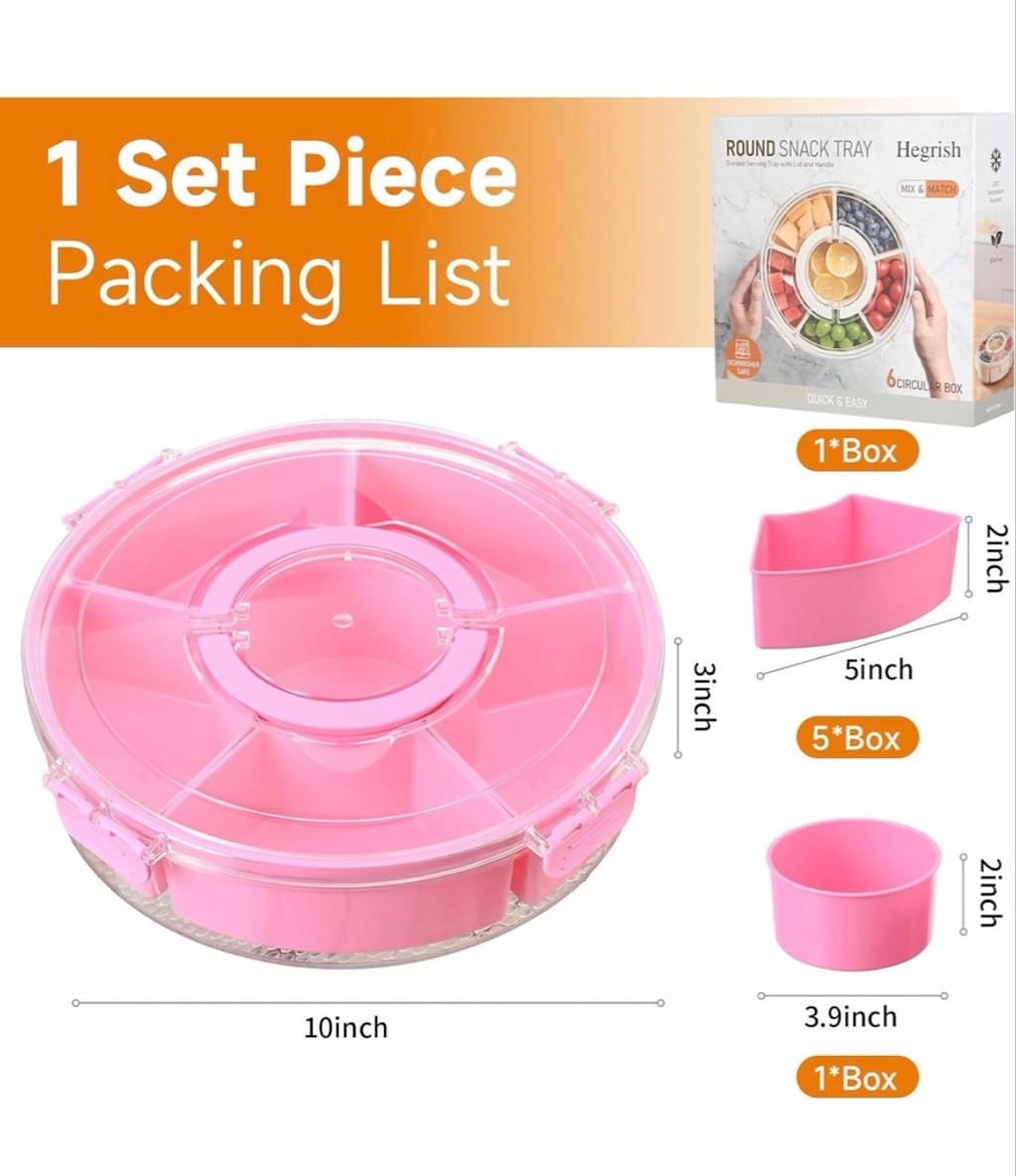 NEW PINK Snackle Dishwasher Safety Divided Rotating Serving Tray Handle Portable