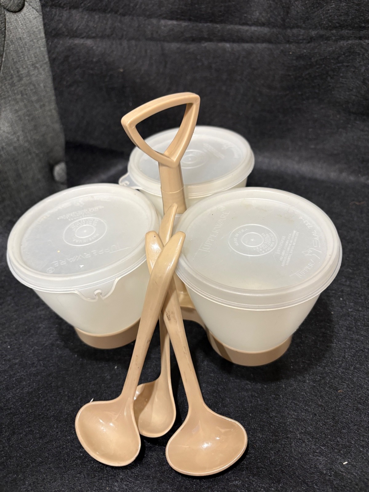 Vintage TUPPERWARE Condiment Caddy Almond & Clear Lids With Spoons Set