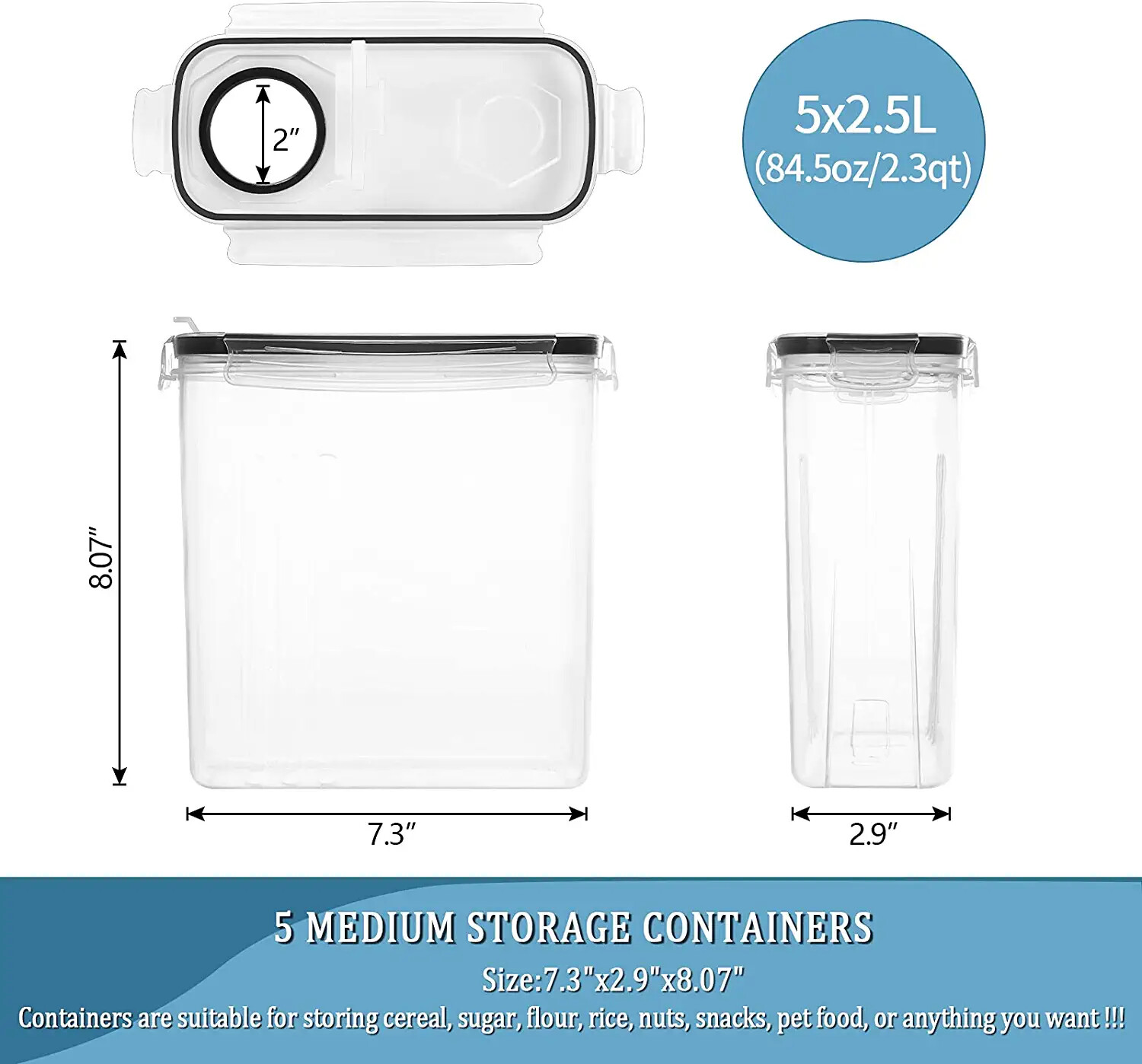 6PCS Food Cereal Storage Containers Set with Lids 2.5L Set of 5 Kitchen Pantry