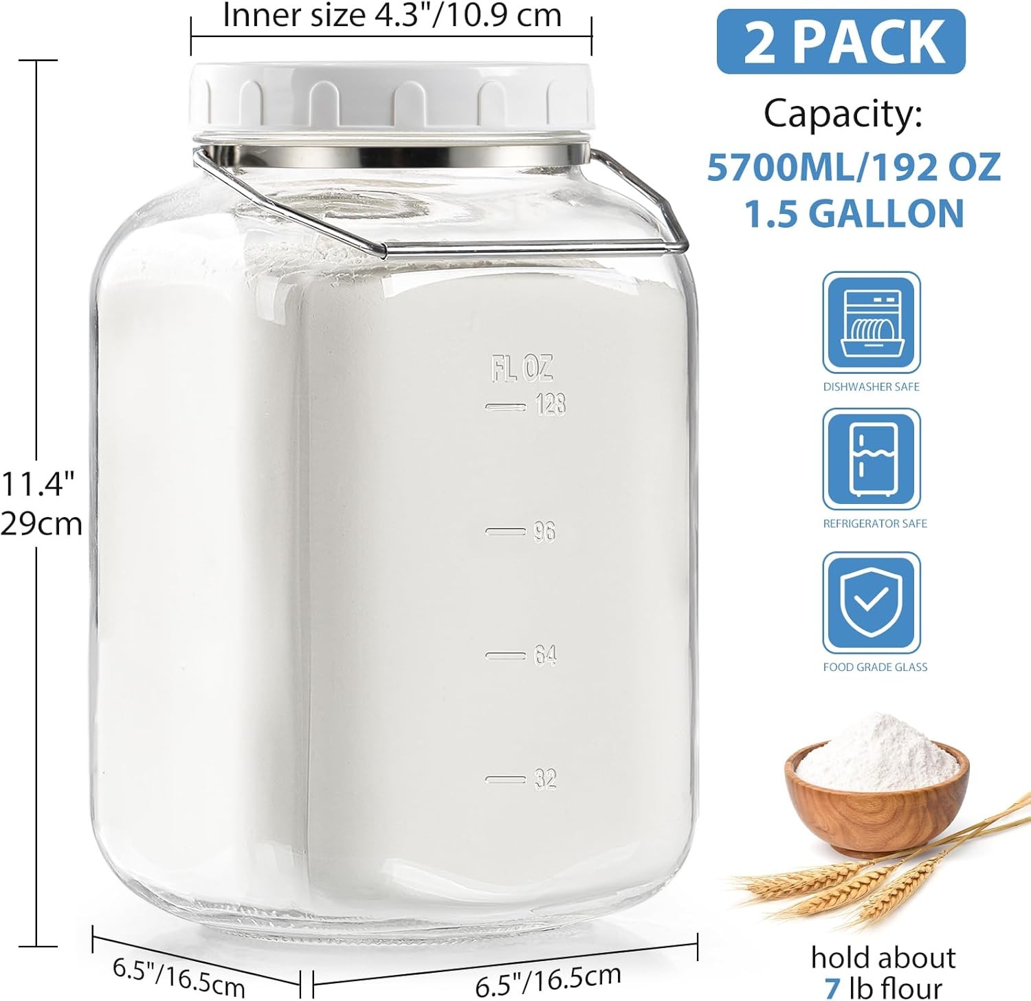 1.5 Gallon Glass Jar with airtight Lid, 2 Pack Wide Mouth Mason Jars with Sturdy