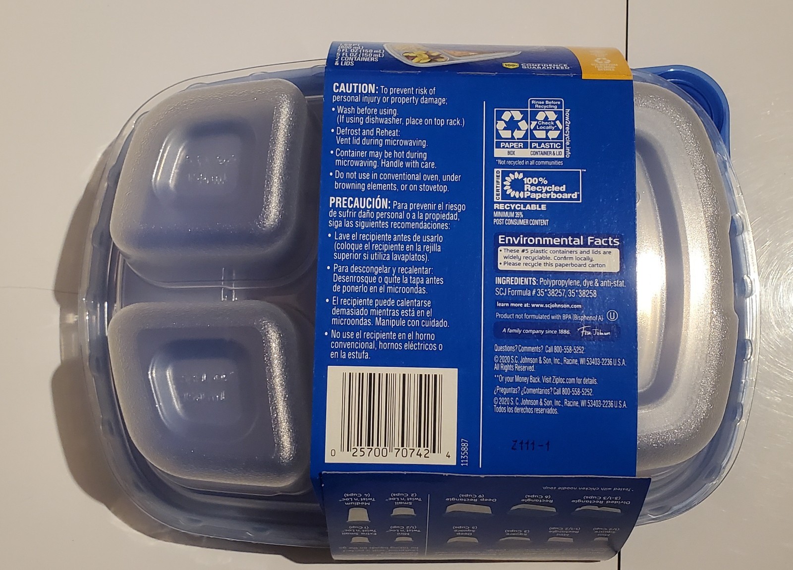NEW 2 pks/2 ea Ziploc Divided Rectangle Food Storage Containers + Lids 5fl oz.