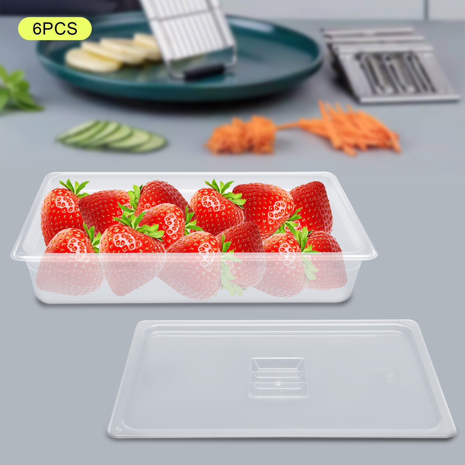 6 Pack Food Pans with Lids, 4” Deep, Polycarbonate, Clear